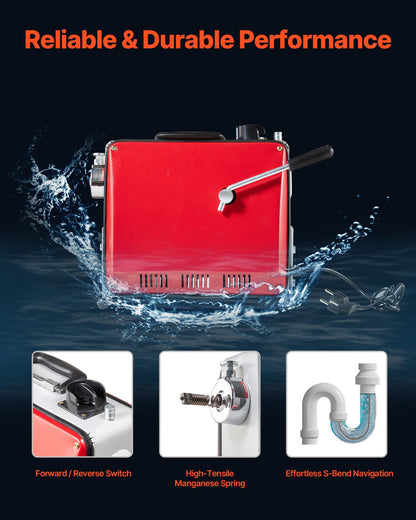 Avloppsrensningsmaskin, 390W 1400 RPM elektrisk rörrensningsmaskin för avlopp med slang med 12m x 16mm, 4.5m x 16mm och 8m x 9.5mm stålfjädervajer och 6 avbitartänger, passar rör med 50-110 mm diameter