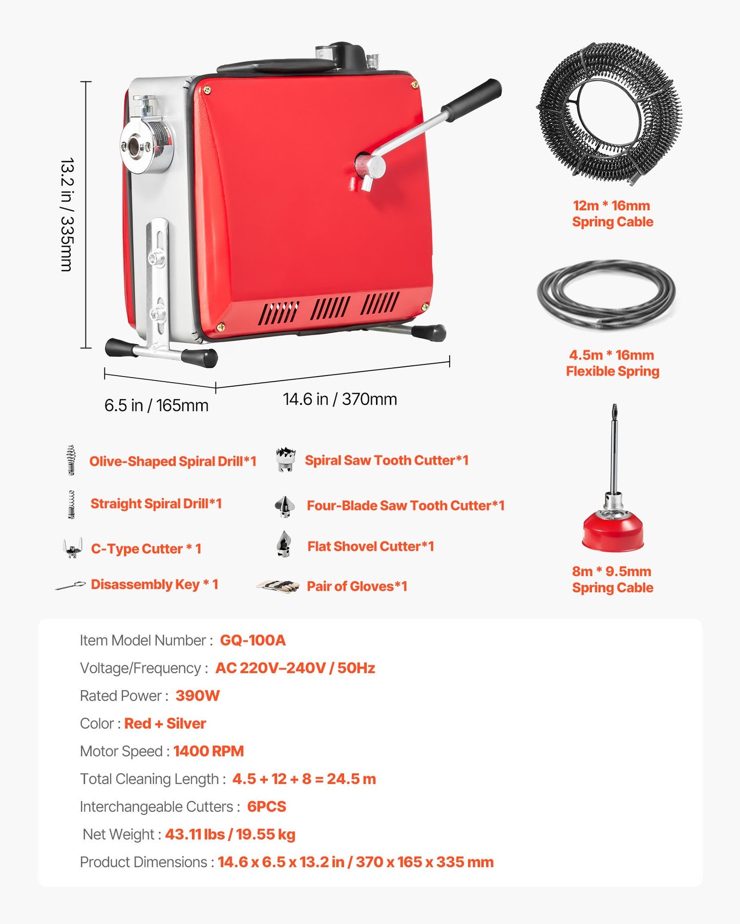 Avloppsrensningsmaskin, 390W 1400 RPM elektrisk rörrensningsmaskin för avlopp med slang med 12m x 16mm, 4.5m x 16mm och 8m x 9.5mm stålfjädervajer och 6 avbitartänger, passar rör med 50-110 mm diameter