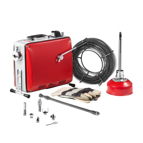 Avloppsrensningsmaskin, 400W 1400 RPM elektrisk rörrensningsmaskin för avlopp med slang med 20m x 16mm, 5m x 9.5mm och 0.4m x 12mm stålfjädervajer och 6 avbitartänger, passar rör med 50-110 mm diameter