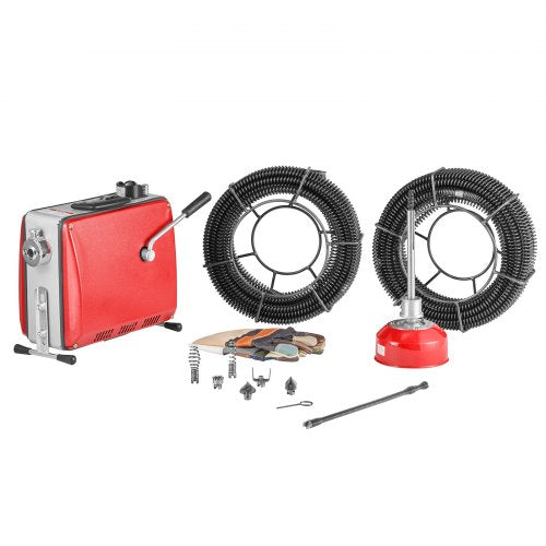 Drain Cleaner Machine, 500W 1400RPM Electric Pipe Drain Cleaning Machine Sewer Snake with 40m x 16mm, 5m x 9.5mm & 0.4m x 12mm Steel Spring Cable and 6 Cutters, Fit 50-110 mm Diameter Pipes