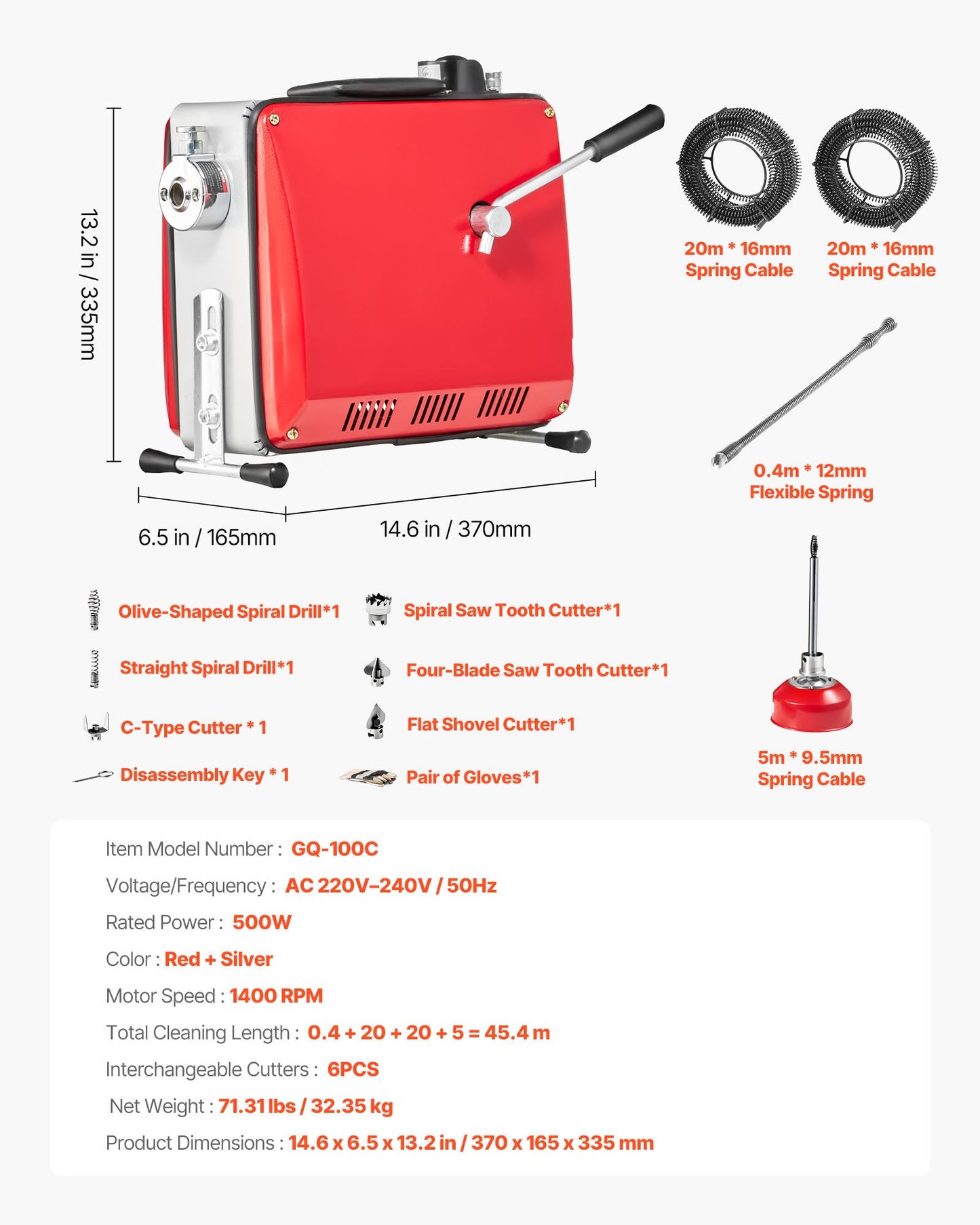 Avloppsrensningsmaskin, 500W 1400 RPM elektrisk rörrensningsmaskin för avlopp med 40m x 16mm, 5m x 9.5mm &amp; 0.4m x 12mm stålfjädervajer och 6 avbitartänger, passar rör med 50-110 mm diameter