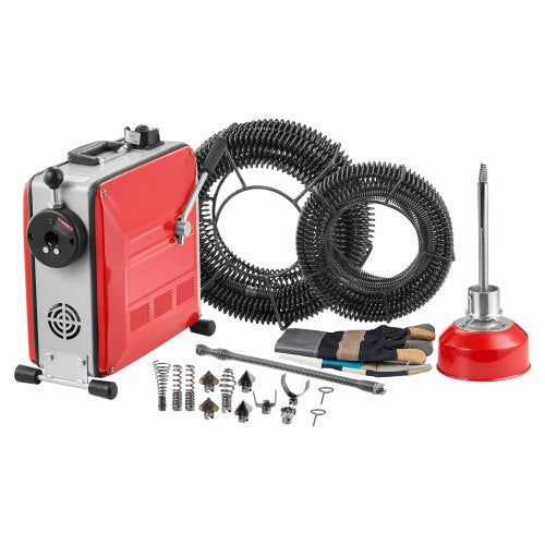 Drain Cleaner Machine, 850W Electric Pipe Drain Cleaning Machine Sewer Snake with 14.5m x 16mm, 14m x 22mm, 5m x 9.5mm, 0.4m x 12mm Steel Spring Cable & 11 Cutters, Fit 50-200 mm Diameter Pipes