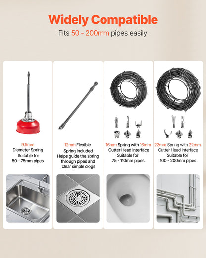 Drain Cleaner Machine, 850W Electric Pipe Drain Cleaning Machine Sewer Snake with 14.5m x 16mm, 14m x 22mm, 5m x 9.5mm, 0.4m x 12mm Steel Spring Cable & 11 Cutters, Fit 50-200 mm Diameter Pipes