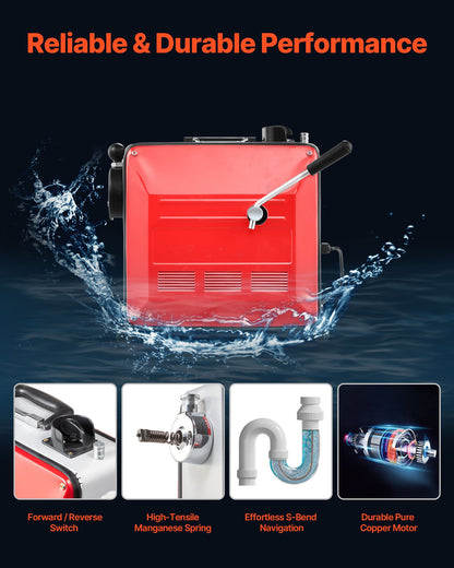 Drain Cleaner Machine, 850W Electric Pipe Drain Cleaning Machine Sewer Snake with 14.5m x 16mm, 14m x 22mm, 5m x 9.5mm, 0.4m x 12mm Steel Spring Cable & 11 Cutters, Fit 50-200 mm Diameter Pipes