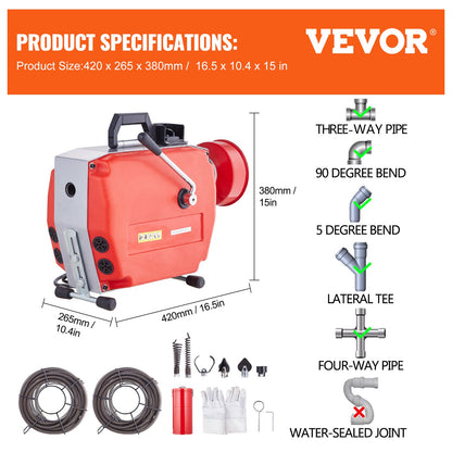120FT x 7/8 Inch Drain Cleaner Machine, 420W Electric Sewer Snake Auger Manual Feed - with 6 Cutters, 2 Steel Cables (120' x 7/8" and 18' x 3/8") & CW/CCW Control for 1.9" to 6" Pipes