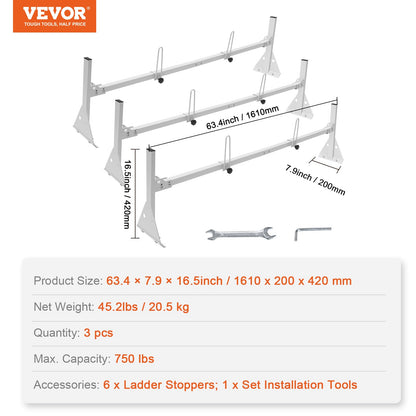 Van Roof Ladder Rack, 3 Bar Alloy Steel Ladder Racks with Ladder Stoppers, 340 kg Capacity, Adjustable Roof Racks for Full-size Vans with Rain Gutters, Compatible with Chevrolet Express, etc