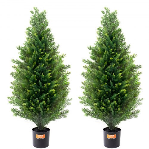 Artificial Cedar Topiary Tree, 36 inch Tall (2 Pieces), with Extra Leaves & Pot Faux Evergreen Fake Pine Cypress Trees Plant, UV Rated Artificial Greenery Set for Home Decor Indoor/Outdoor