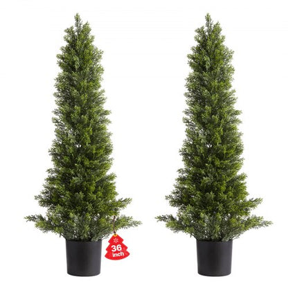 Artificial Topiary Cedar Trees, 2 Set 914mm Faux Pine Shrubs Plants, Fake Silk Tree Look Real, Easy Assembly for Decor Front Porch Outdoor Patio Garden Balcony Backyard Indoor Office