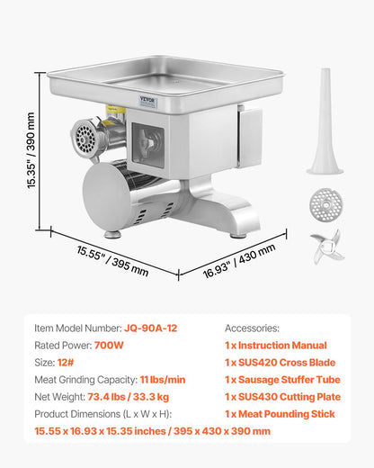 Meat Grinder, 11 Lbs/Min Electric Meat Grinder, Slicer, Sausage Stuffer with Blade, Grinding Plate, Sausage Maker, Stainless Steel Commercial Meat Mincer for Slice Shred Dice, Restaurant Butcher