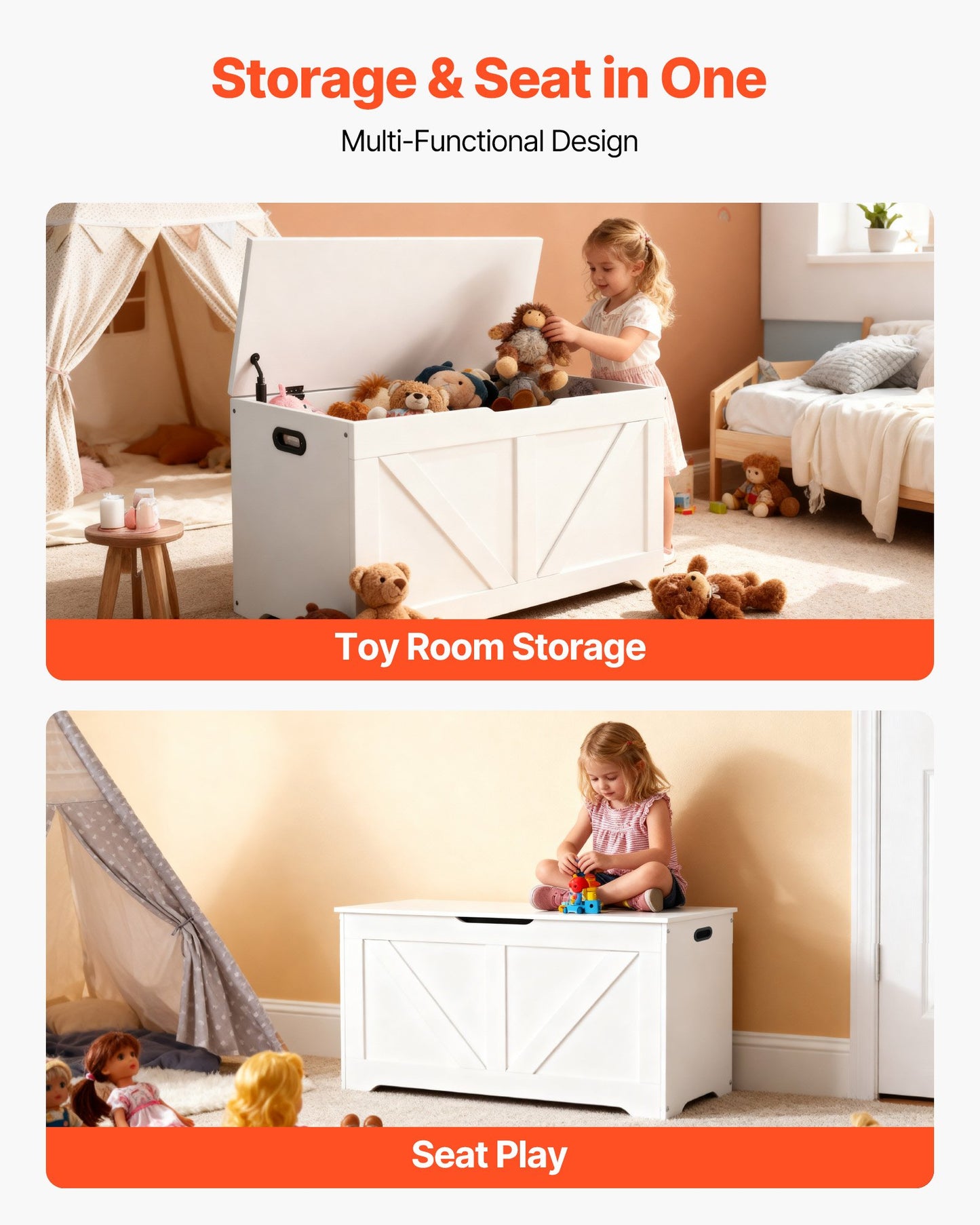 Kids Storage Bench, Wooden Toy Box Chest, Large Storage Cabinet with Safety Hinge, Toddlers Storage Bench for Playroom, Living Room or Entryway, Easy Assembly, 990 x 395 x 480 mm, White