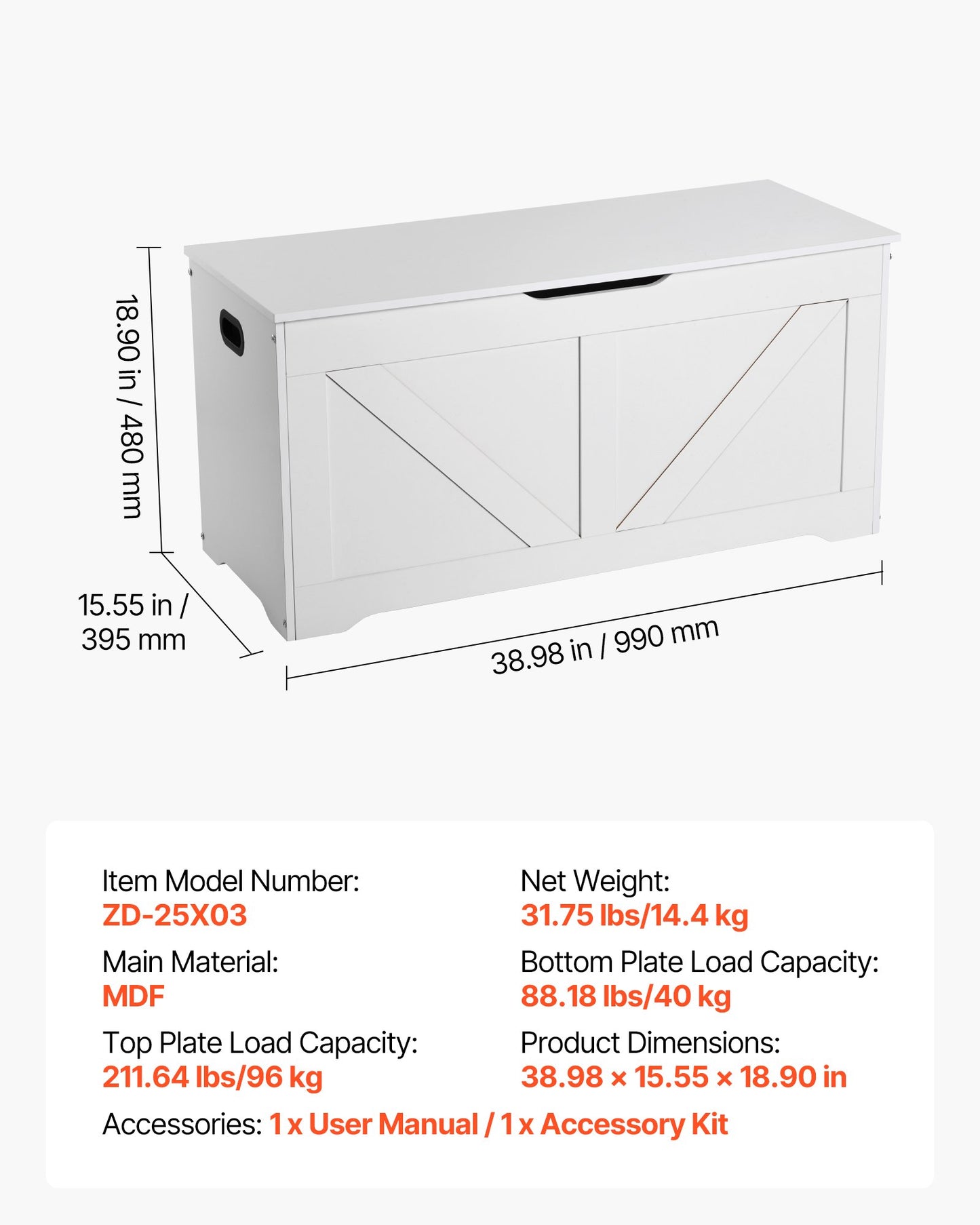 Kids Storage Bench, Wooden Toy Box Chest, Large Storage Cabinet with Safety Hinge, Toddlers Storage Bench for Playroom, Living Room or Entryway, Easy Assembly, 990 x 395 x 480 mm, White