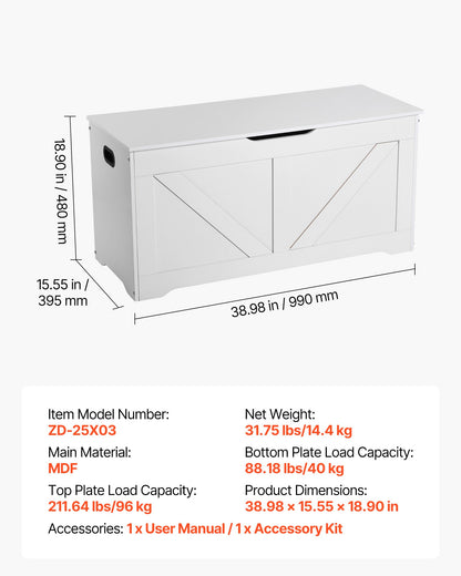 Kids Storage Bench, Wooden Toy Box Chest, Large Storage Cabinet with Safety Hinge, Toddlers Storage Bench for Playroom, Living Room or Entryway, Easy Assembly, 990 x 395 x 480 mm, White