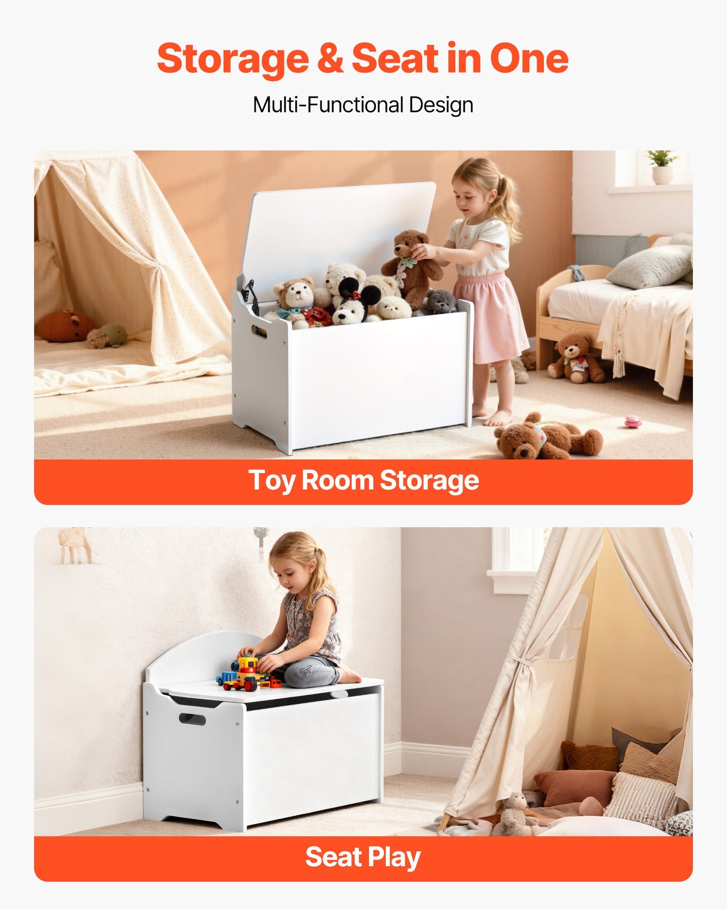 Kids Storage Bench, Wooden Toy Box Chest with Backrest, Large Storage Cabinet with Safety Hinge, Toddlers Storage Bench for Playroom, Living Room or Entryway, 597 x 368 x 545 mm, White