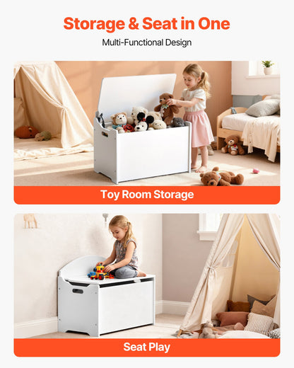Kids Storage Bench, Wooden Toy Box Chest with Backrest, Large Storage Cabinet with Safety Hinge, Toddlers Storage Bench for Playroom, Living Room or Entryway, 597 x 368 x 545 mm, White