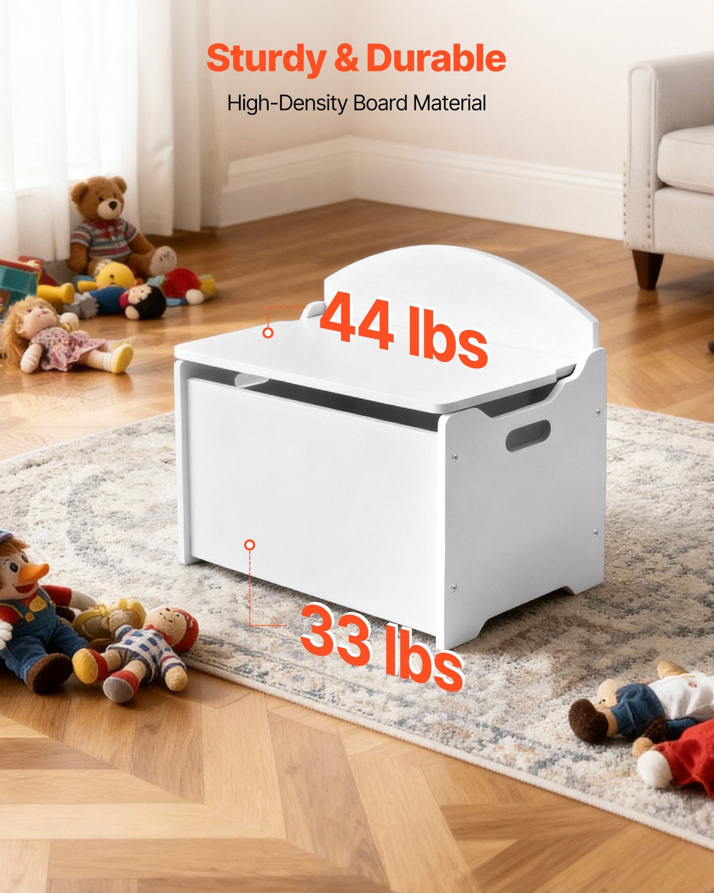 Kids Storage Bench, Wooden Toy Box Chest with Backrest, Large Storage Cabinet with Safety Hinge, Toddlers Storage Bench for Playroom, Living Room or Entryway, 597 x 368 x 545 mm, White