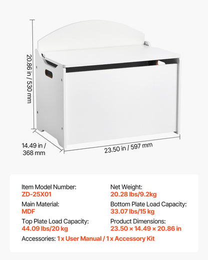 Kids Storage Bench, Wooden Toy Box Chest with Backrest, Large Storage Cabinet with Safety Hinge, Toddlers Storage Bench for Playroom, Living Room or Entryway, 597 x 368 x 545 mm, White