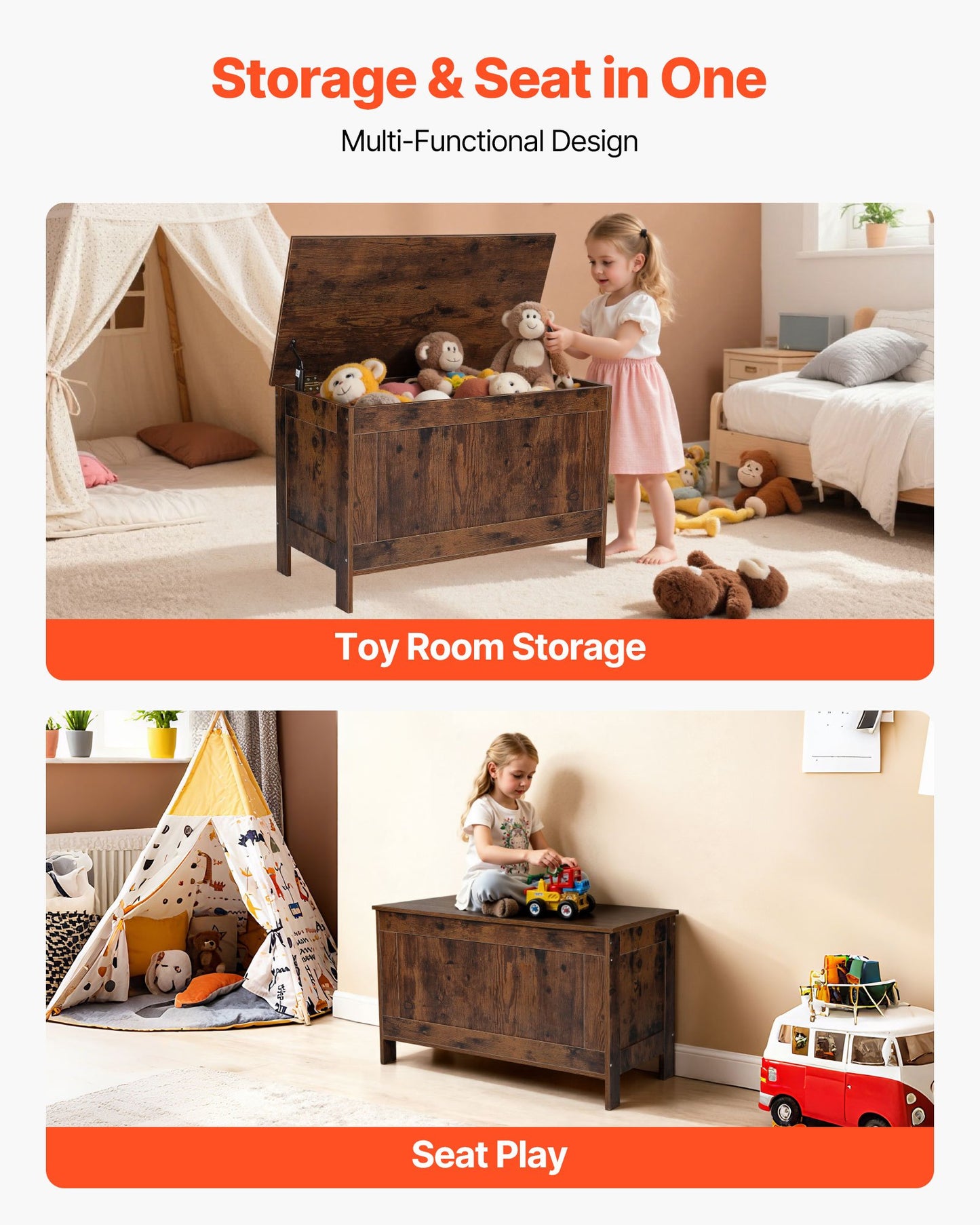 Kids Storage Bench, Wooden Toy Box Chest, Large Storage Cabinet with Safety Hinge, Toddlers Retro Storage Bench for Playroom, Living Room or Entryway, 754 x 389 x 480 mm, Easy Assembly, Brown