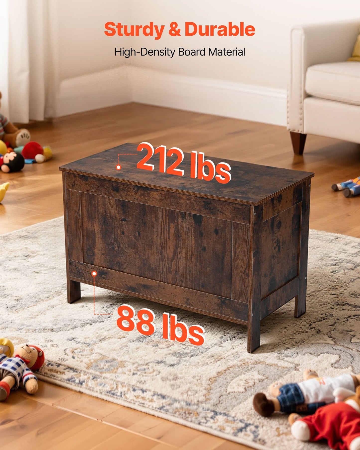 Kids Storage Bench, Wooden Toy Box Chest, Large Storage Cabinet with Safety Hinge, Toddlers Retro Storage Bench for Playroom, Living Room or Entryway, 754 x 389 x 480 mm, Easy Assembly, Brown