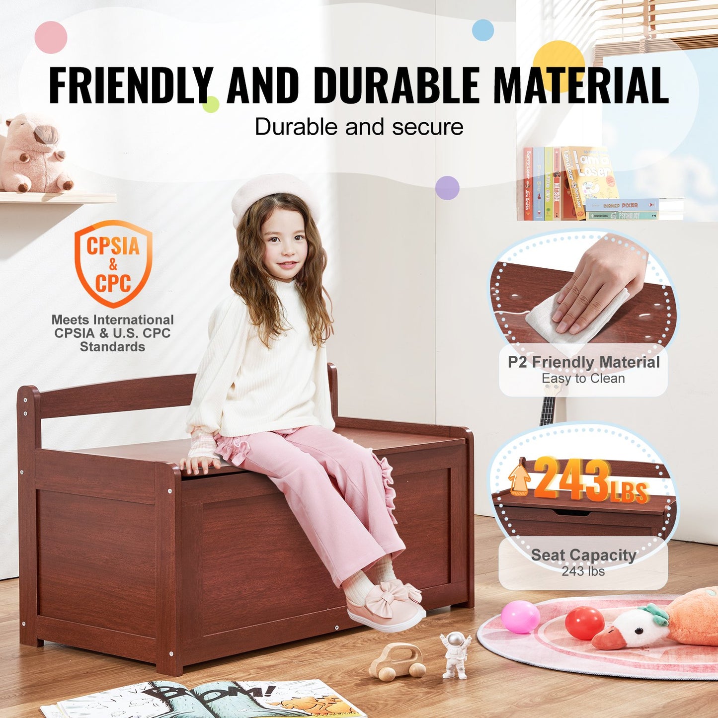 Wooden Toy Chest for Kids, Toddler Toy Storage Box with Flip-Top Lid and Safety Hinge, 32.68 x 17.91 x 24.02" Large Kids Storage Bench for Playroom, Bedroom, Living Room or Entryway, Cherry