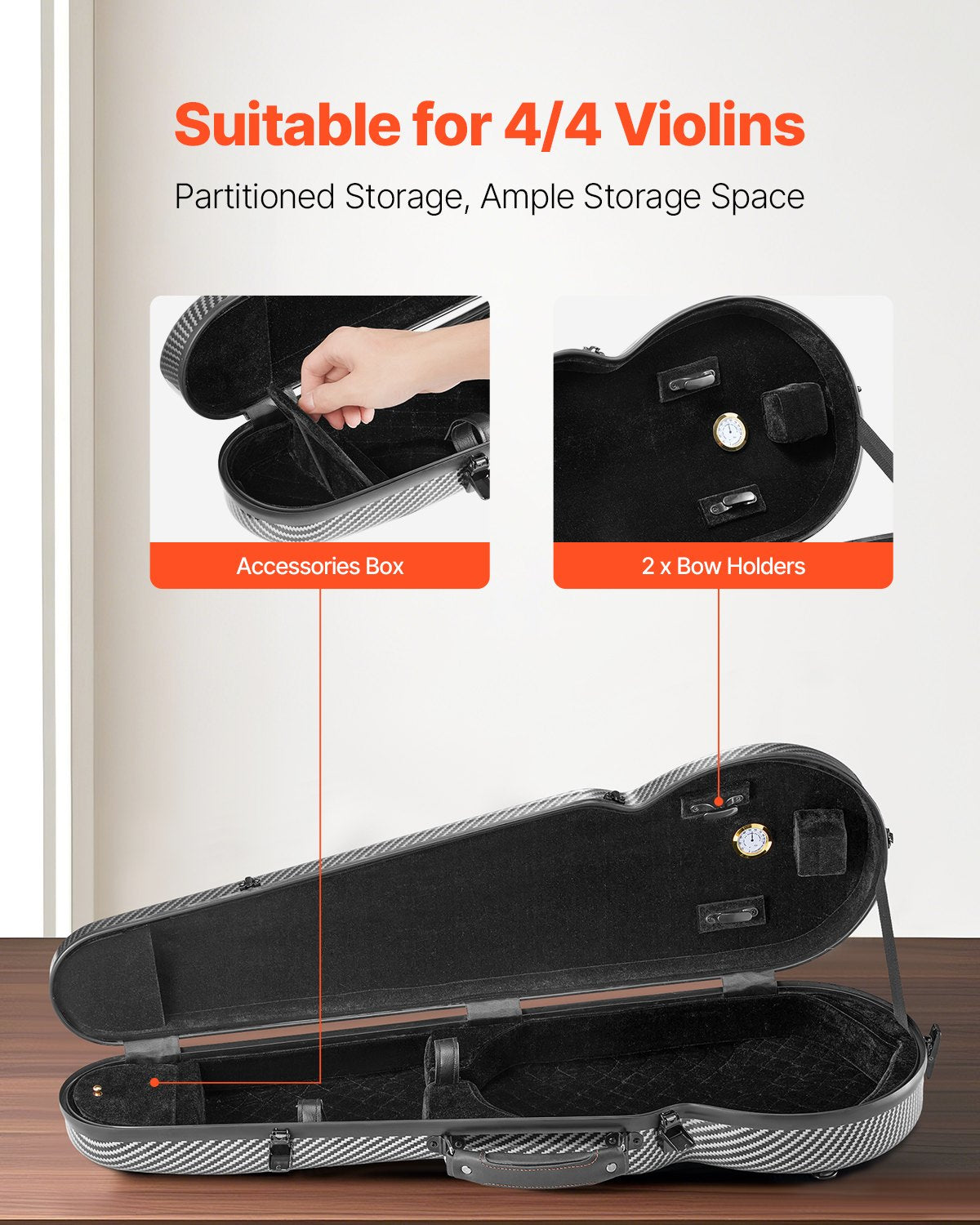 4/4 Full Size Violin Case, Built-in Hygrometer, Lightweight Portable Travel Carrying Bag, with Plush Lining, Dual Shoulder Straps, Anti-Scratch, Professional Triangular Shape, for Violin, Black