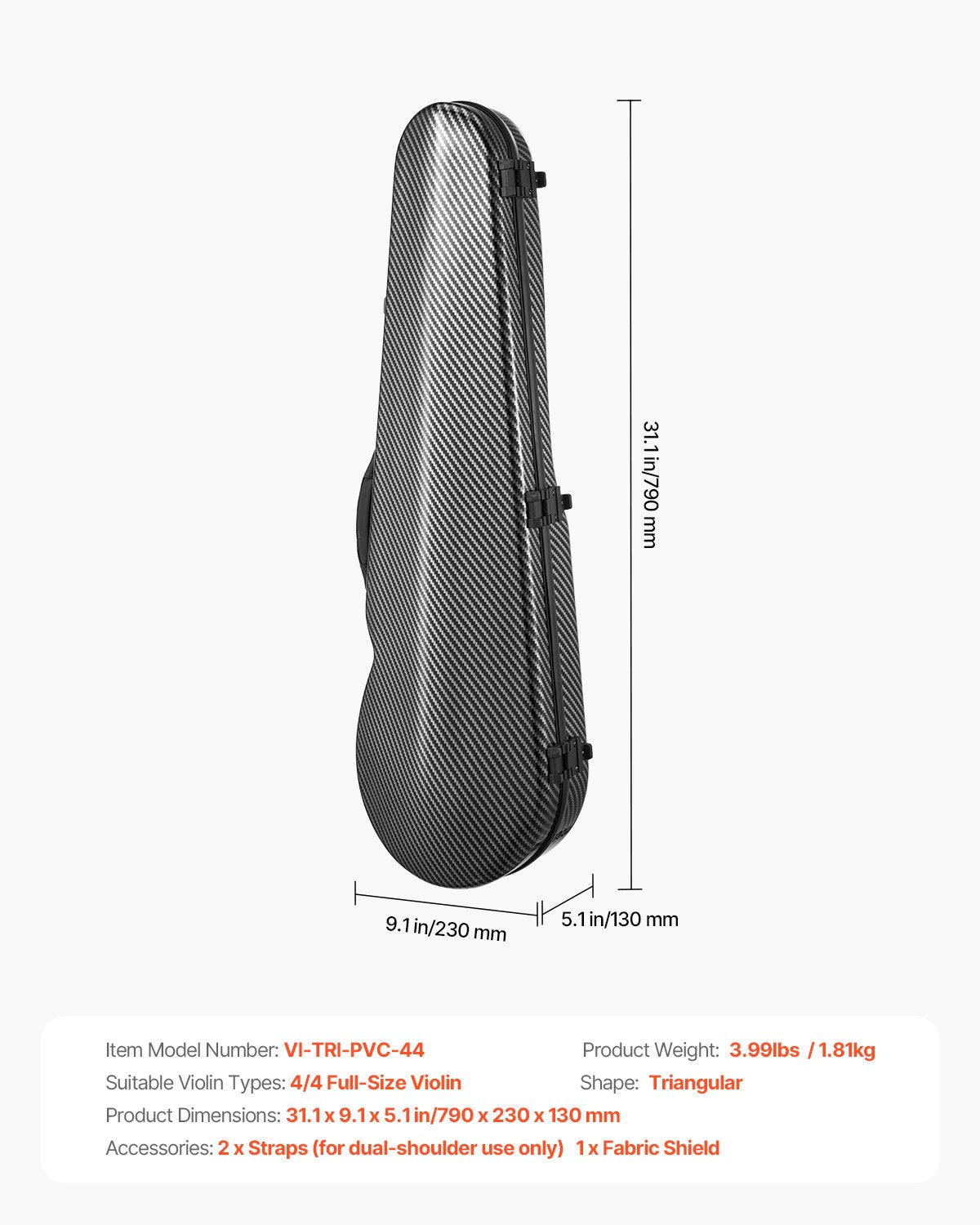 4/4 Full Size Violin Case, Built-in Hygrometer, Lightweight Portable Travel Carrying Bag, with Plush Lining, Dual Shoulder Straps, Anti-Scratch, Professional Triangular Shape, for Violin, Black