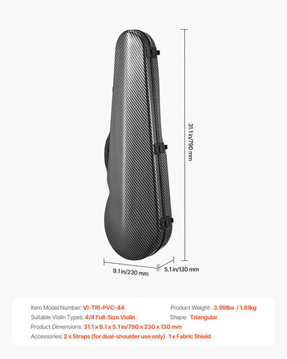 4/4 Full Size Violin Case, Built-in Hygrometer, Lightweight Portable Travel Carrying Bag, with Plush Lining, Dual Shoulder Straps, Anti-Scratch, Professional Triangular Shape, for Violin, Black