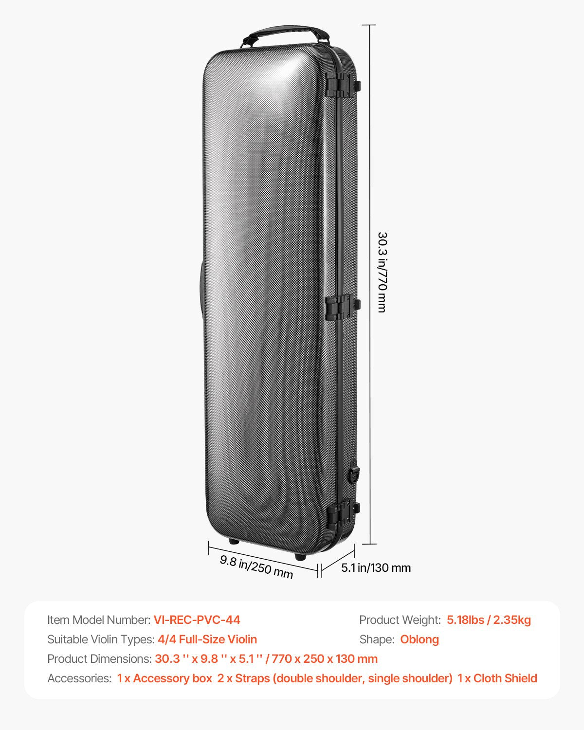 4/4 Full Size Violin Case, Portable Composite Carbon Fiber Carrying Bag Black