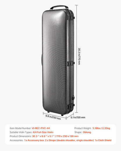 4/4 Full Size Violin Case, Portable Composite Carbon Fiber Carrying Bag Black