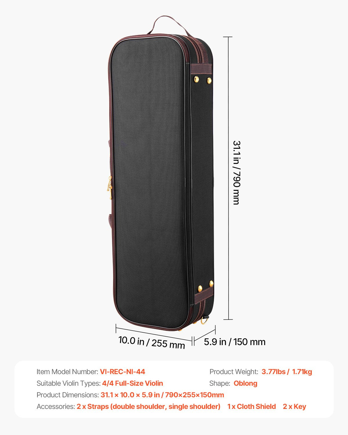 4/4 fullstort fiolfodral, inbyggd hygrometer, lätt och bärbar reseväska, med plyschfoder, axelremmar, reptålig, professionell avlång form, för fiol, svart