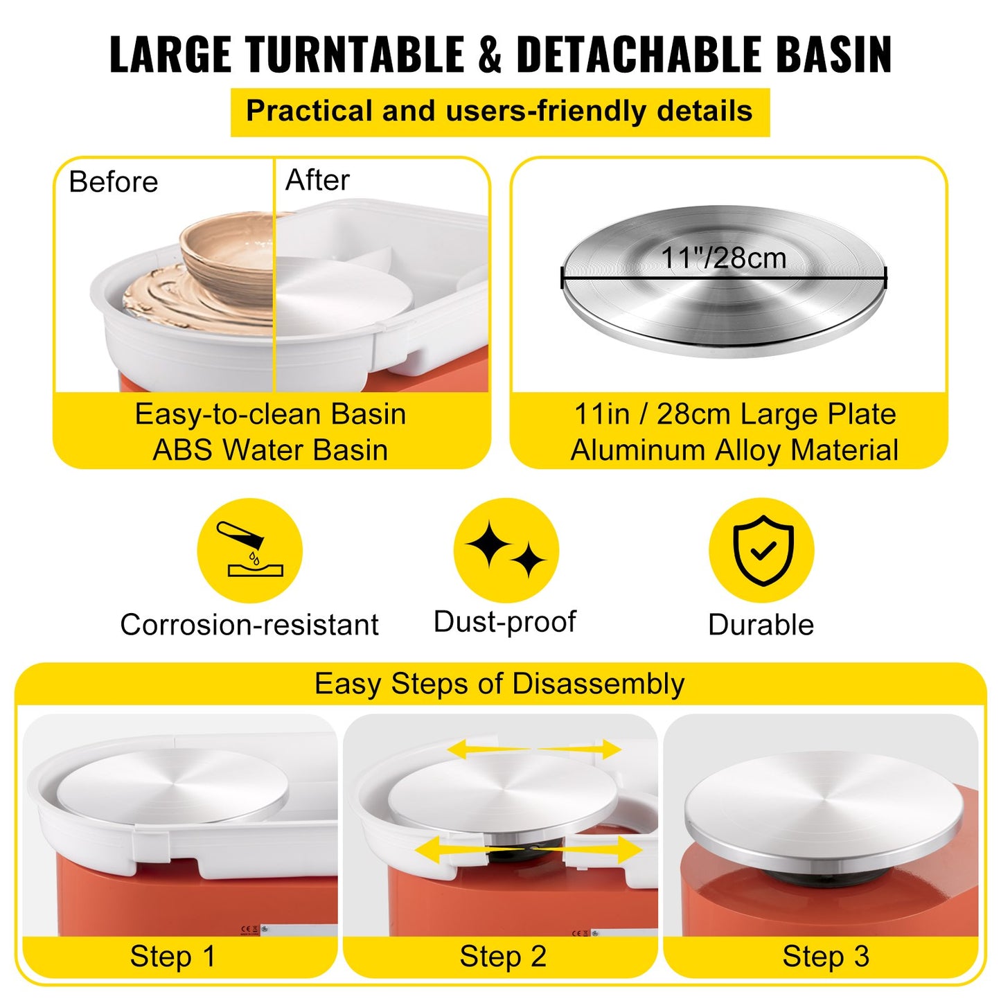 Pottery Wheel 27.9 cm 0-300 RPM Ceramic Wheel, 350W Adjustable Speed Forming Machine with Sculpting Tools and Apron, Detachable Basin Foot Pedal Control for Art Craft Work and Home DIY Orange