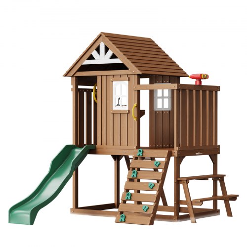 Outdoor Wooden Playhouse, Modern Cedar Playhouse for Age 2-8 Years Kids, Garden Games Cottage, Country Style Cedar Playhouse with Slide, Ladder, Climbing Wall, Windows, Picnic Table and Bench