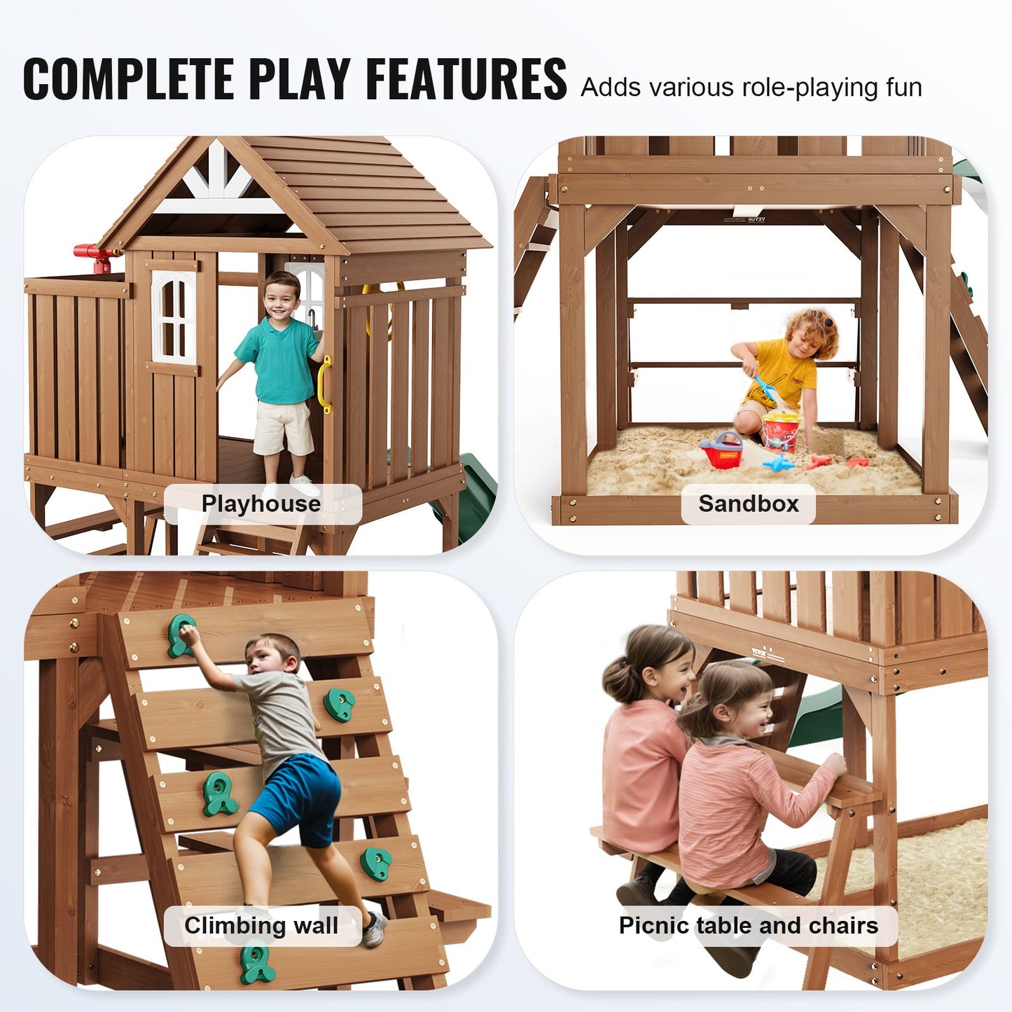Outdoor Wooden Playhouse, Modern Cedar Playhouse for Age 2-8 Years Kids, Garden Games Cottage, Country Style Cedar Playhouse with Slide, Ladder, Climbing Wall, Windows, Picnic Table and Bench