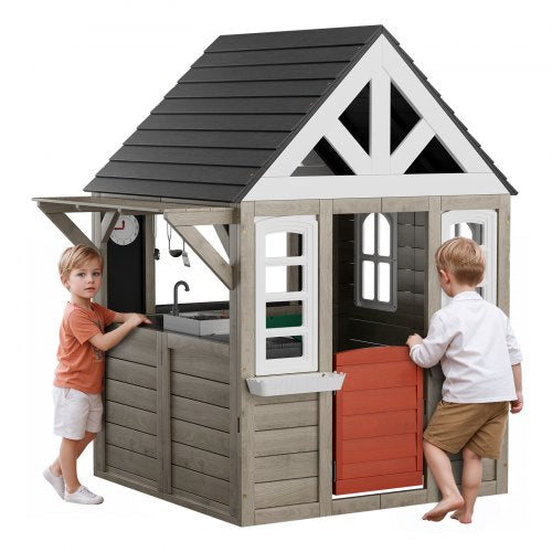 Outdoor Wooden Playhouse, Modern Cedar Playhouse for Age 2-10 Years Kids, Garden Games Cottage, Country Style Cedar Playhouse with Working Door, Window, Flower Pot Holder, Grill, Stove, and Sink