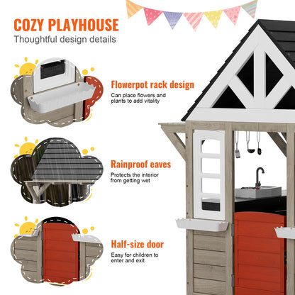 Outdoor Wooden Playhouse, Modern Cedar Playhouse for Age 2-10 Years Kids, Garden Games Cottage, Country Style Cedar Playhouse with Working Door, Window, Flower Pot Holder, Grill, Stove, and Sink