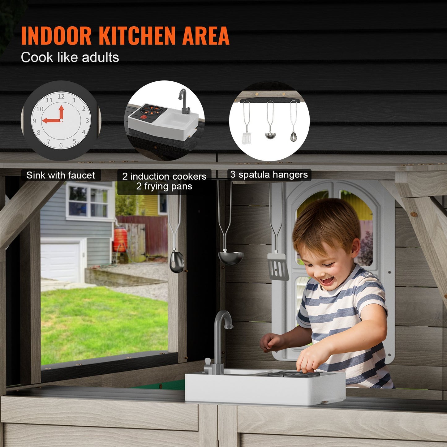 Outdoor Wooden Playhouse, Modern Cedar Playhouse for Age 2-10 Years Kids, Garden Games Cottage, Country Style Cedar Playhouse with Working Door, Window, Flower Pot Holder, Grill, Stove, and Sink