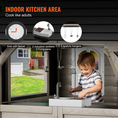 Outdoor Wooden Playhouse, Modern Cedar Playhouse for Age 2-10 Years Kids, Garden Games Cottage, Country Style Cedar Playhouse with Working Door, Window, Flower Pot Holder, Grill, Stove, and Sink