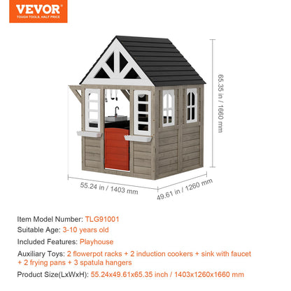 Outdoor Wooden Playhouse, Modern Cedar Playhouse for Age 2-10 Years Kids, Garden Games Cottage, Country Style Cedar Playhouse with Working Door, Window, Flower Pot Holder, Grill, Stove, and Sink