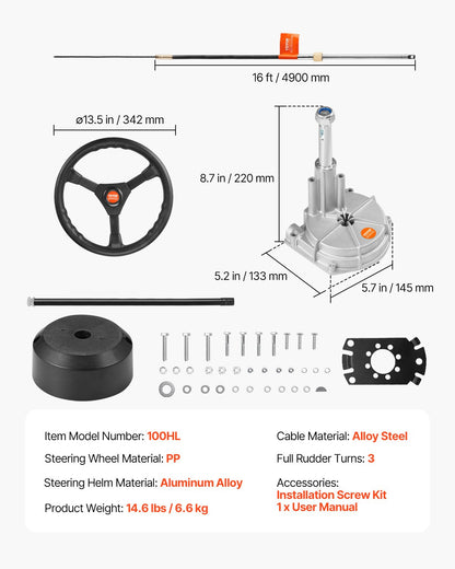 Outboard Steering System 16\' Outboard Steering Kit 16 Feet Boat Steering Cable with 13\" Wheel Durable Marine Steering System