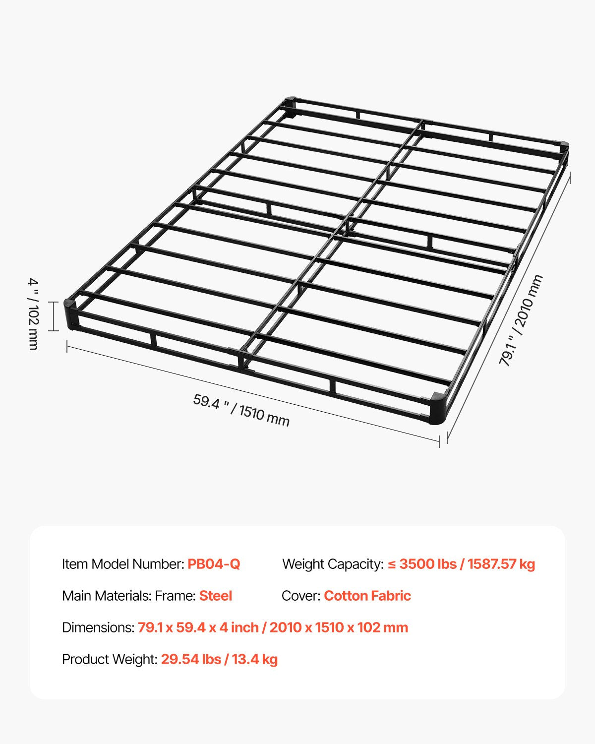 Boxspring, queen size-sängram med tvättbar tygduk, kraftig metallram för queen size-säng, 10 cm madrassfundament, maxvikt 1460 kg, enkel montering, 224 L x 144 B x 106 H