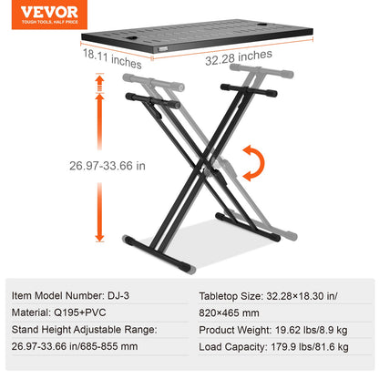DJ Table Stand, 32" x 20" Portable DJ Laptop and Controller Stand, Lightweight DJ Desk DJ Booth Adjustable Height DJ Stand, Foldable Double-X Braced Keyboard Stand & Tabletop, Audio Mixer Stand