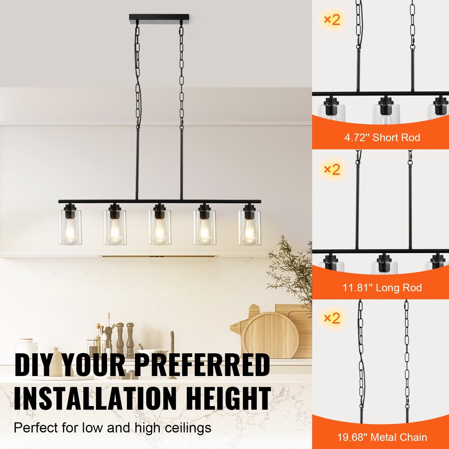 5-Light Kitchen Island Pendant Lights, 60W, Adjustable Dining Room Light Fixture with Clear Glass Lampshade 4 Rods 2 Metal Chains, Metal Frame Farmhouse Linear Chandeliers for Dining Room, E27