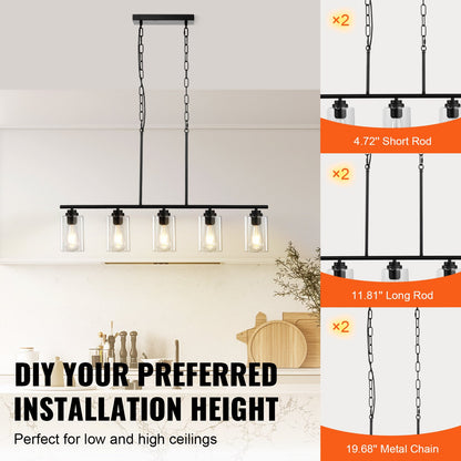 5-Light Kitchen Island Pendant Lights, 60W, Adjustable Dining Room Light Fixture with Clear Glass Lampshade 4 Rods 2 Metal Chains, Metal Frame Farmhouse Linear Chandeliers for Dining Room, E27