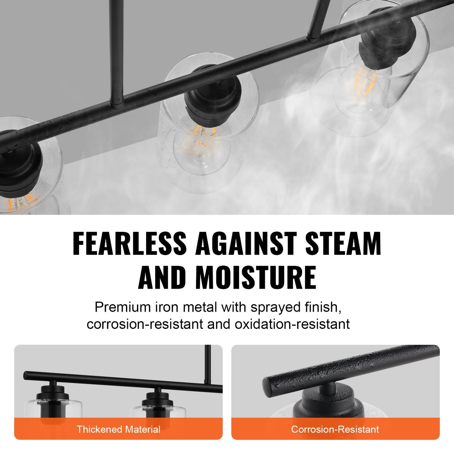 5-Light Kitchen Island Pendant Lights, 60W, Adjustable Dining Room Light Fixture with Clear Glass Lampshade 4 Rods 2 Metal Chains, Metal Frame Farmhouse Linear Chandeliers for Dining Room, E27