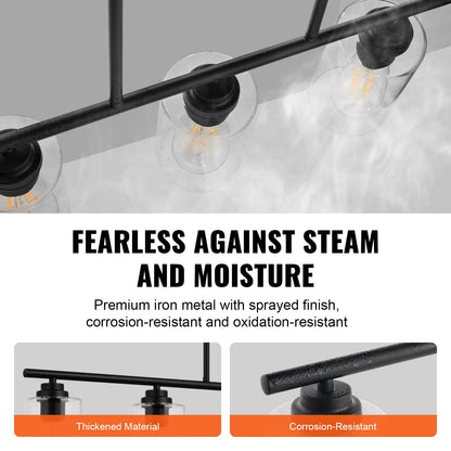 5-Light Kitchen Island Pendant Lights, 60W, Adjustable Dining Room Light Fixture with Clear Glass Lampshade 4 Rods 2 Metal Chains, Metal Frame Farmhouse Linear Chandeliers for Dining Room, E27