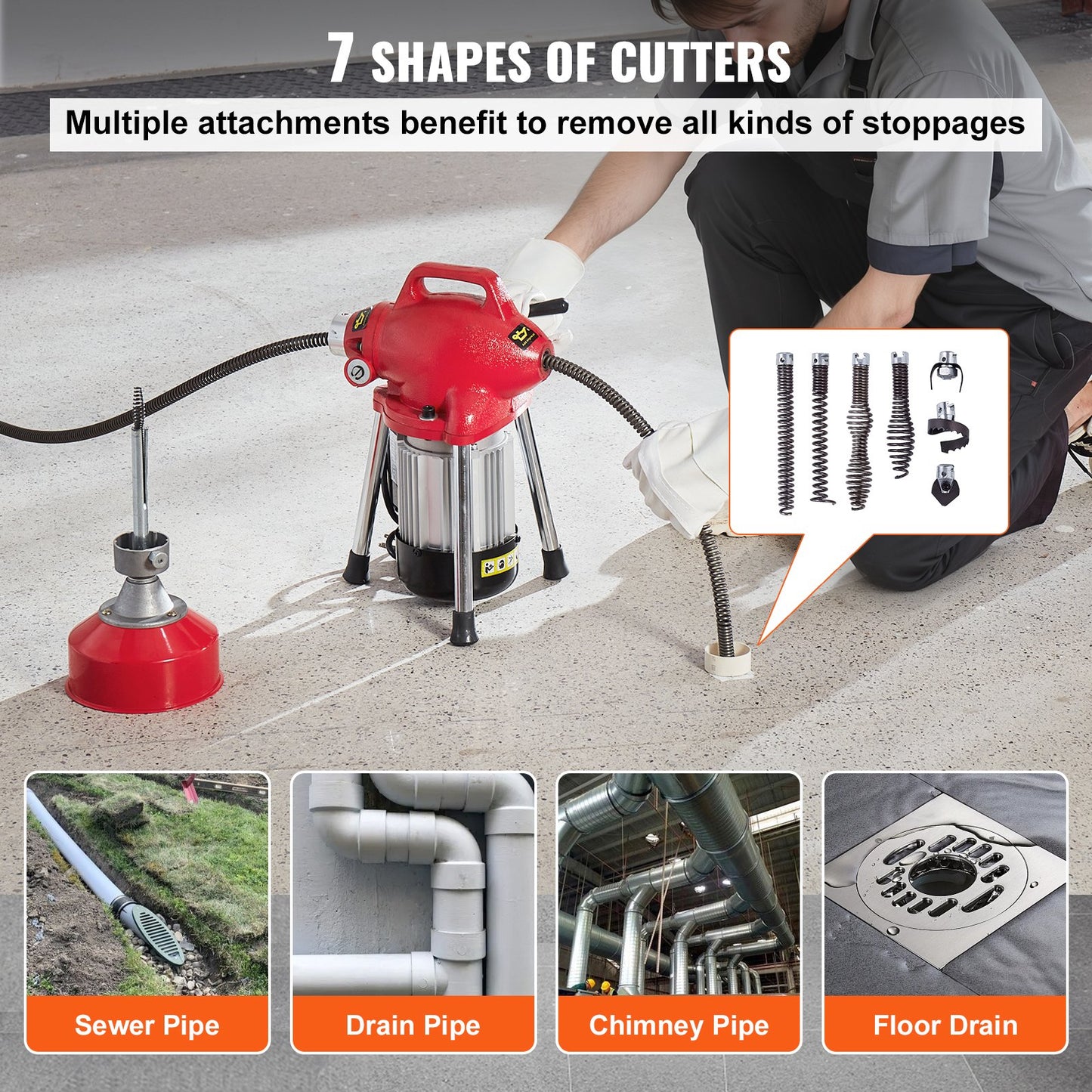 Drain Cleaner Machine 66FT x 5/8 Inch, 250W Electric Sewer Snake Auger Manual Feed - with 2 Sectional Steel Cables (66' x 5/8" and 15' x 3/8"), 7 Cutters and CW/CCW Control for 1.6" to 4" Pipes