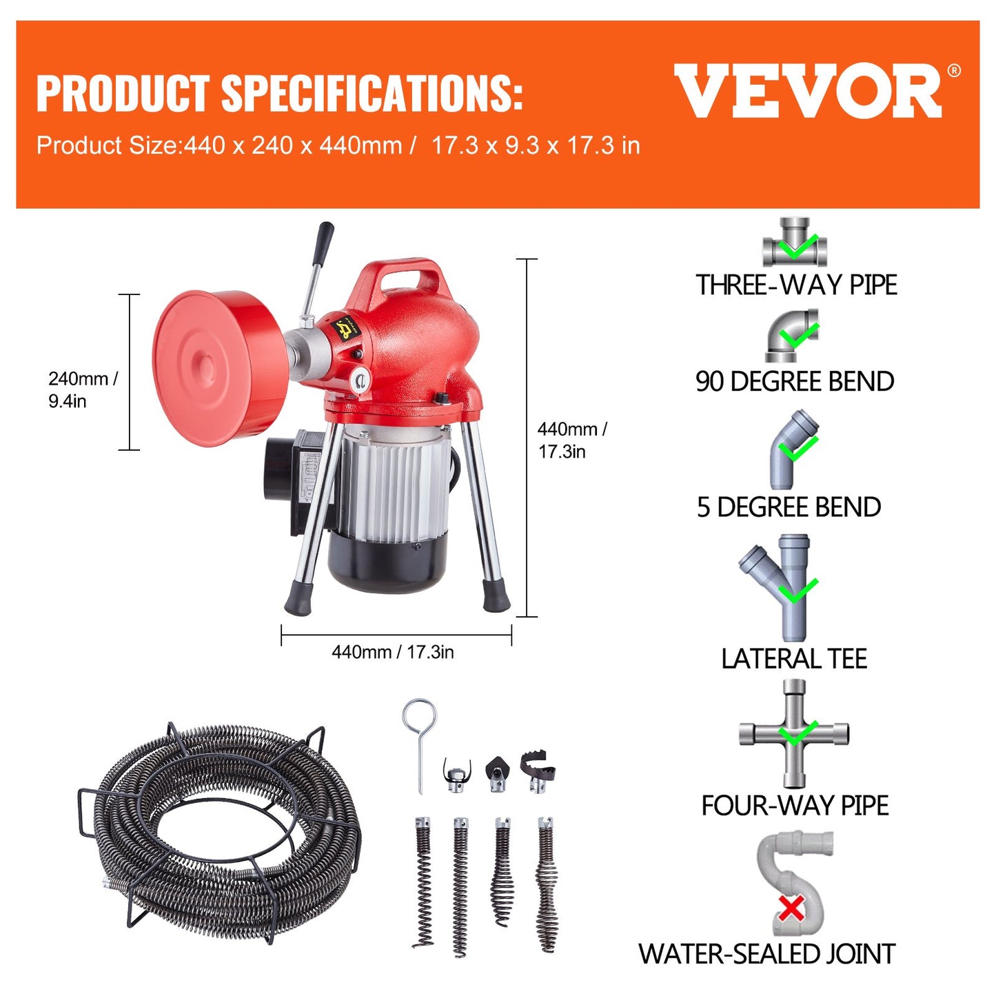 Drain Cleaner Machine 66FT x 5/8 Inch, 250W Electric Sewer Snake Auger Manual Feed - with 2 Sectional Steel Cables (66' x 5/8" and 15' x 3/8"), 7 Cutters and CW/CCW Control for 1.6" to 4" Pipes