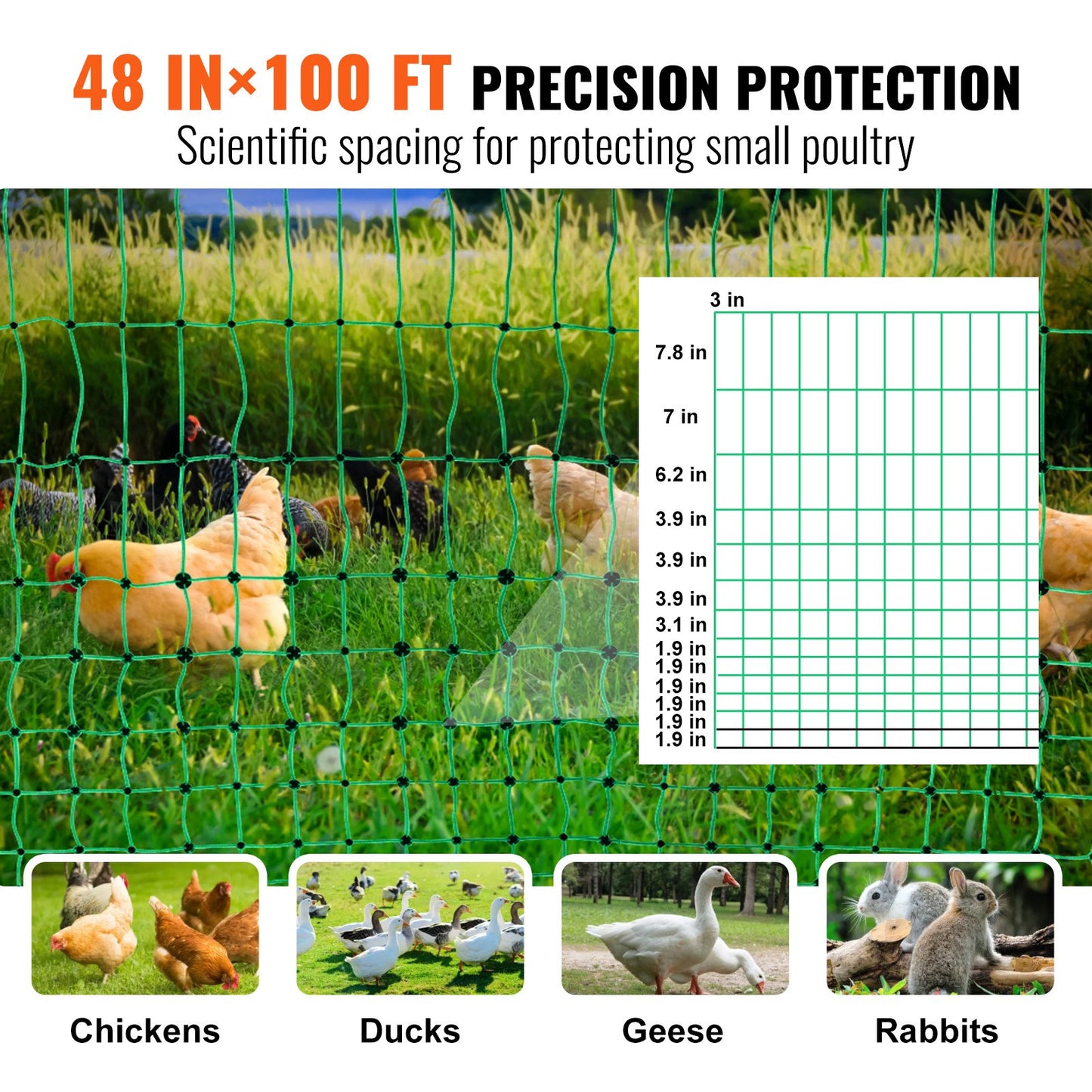 Electric Fence Netting, 48" H x 100' L, PE Net Fencing with Solar Charger/Posts/Double-Spiked Stakes, Utility Portable Mesh for Chickens, Ducks, Geese, Rabbits, Used in Backyards, Farms, Ranches