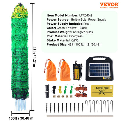 Electric Fence Netting, 48" H x 100' L, PE Net Fencing with Solar Charger/Posts/Double-Spiked Stakes, Utility Portable Mesh for Chickens, Ducks, Geese, Rabbits, Used in Backyards, Farms, Ranches