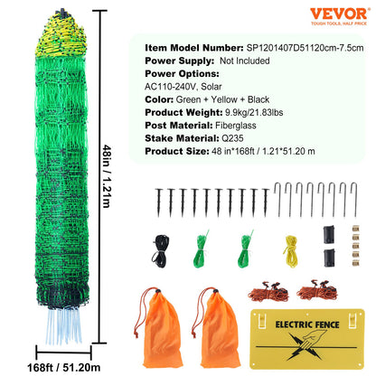 Electric Fence Netting, 48" H x 168' L, PE Net Fencing Kit with Posts & Double-Spiked Stakes, Utility Portable Mesh for Chickens, Ducks, Geese, Rabbits, Used in Backyards, Farms, and Ranches