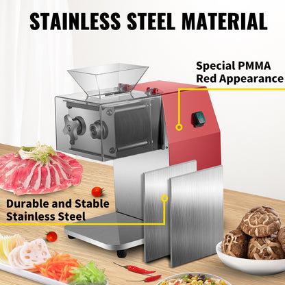 Kommersiell köttskärmaskin, 551 lbs/h 850W köttstrimlare, elektrisk köttskärare med 3,5 mm blad, restaurangskärare i rostfritt stål, för kök, stormarknad, lamm, nötkött, kyckling, röd